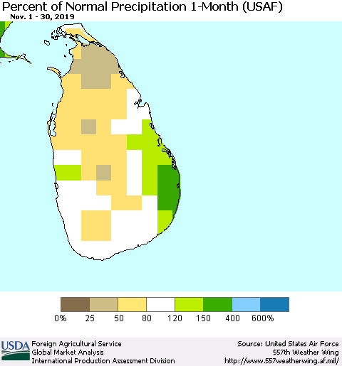 Sri Lanka Percent of Normal Precipitation 1-Month (USAF) Thematic Map For 11/1/2019 - 11/30/2019