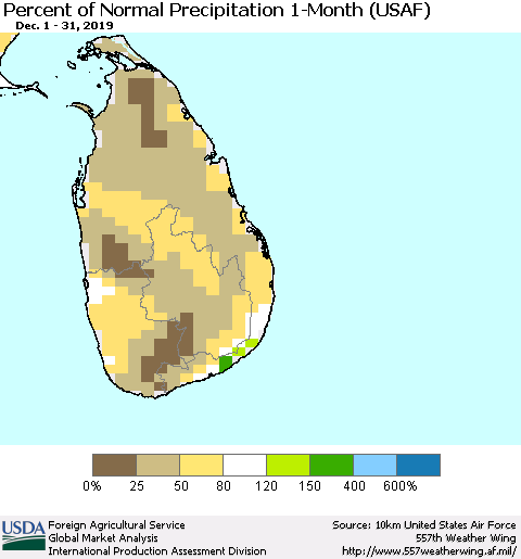 Sri Lanka Percent of Normal Precipitation 1-Month (USAF) Thematic Map For 12/1/2019 - 12/31/2019