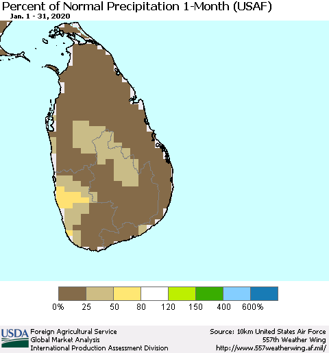 Sri Lanka Percent of Normal Precipitation 1-Month (USAF) Thematic Map For 1/1/2020 - 1/31/2020