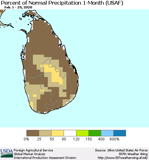 Sri Lanka Percent of Normal Precipitation 1-Month (USAF) Thematic Map For 2/1/2020 - 2/29/2020
