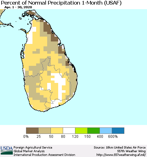 Sri Lanka Percent of Normal Precipitation 1-Month (USAF) Thematic Map For 4/1/2020 - 4/30/2020
