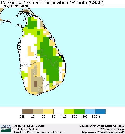 Sri Lanka Percent of Normal Precipitation 1-Month (USAF) Thematic Map For 5/1/2020 - 5/31/2020