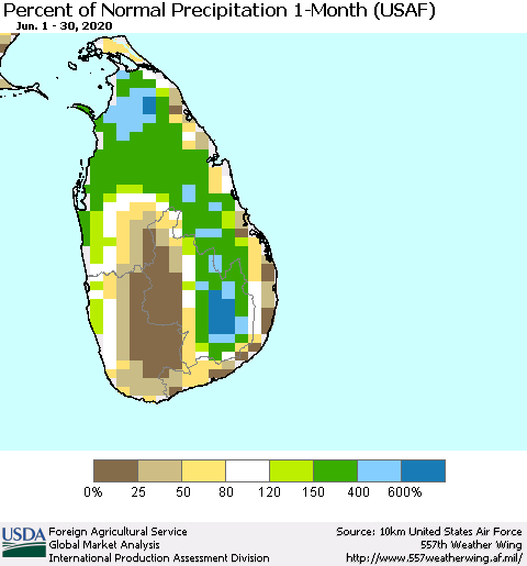 Sri Lanka Percent of Normal Precipitation 1-Month (USAF) Thematic Map For 6/1/2020 - 6/30/2020