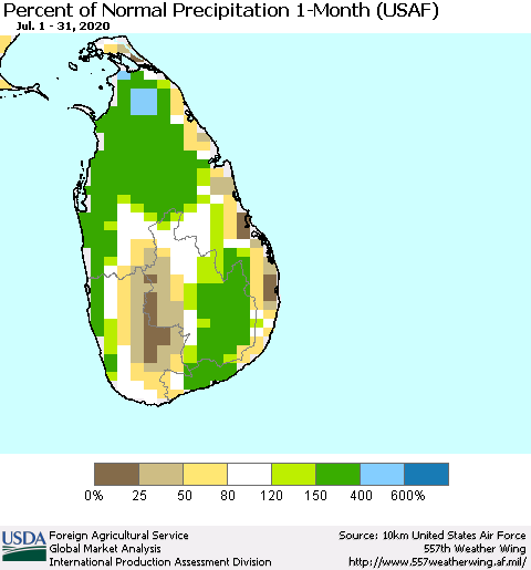 Sri Lanka Percent of Normal Precipitation 1-Month (USAF) Thematic Map For 7/1/2020 - 7/31/2020