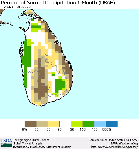 Sri Lanka Percent of Normal Precipitation 1-Month (USAF) Thematic Map For 8/1/2020 - 8/31/2020
