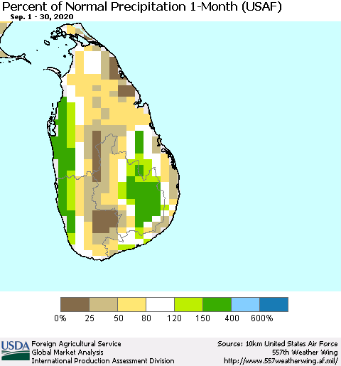 Sri Lanka Percent of Normal Precipitation 1-Month (USAF) Thematic Map For 9/1/2020 - 9/30/2020