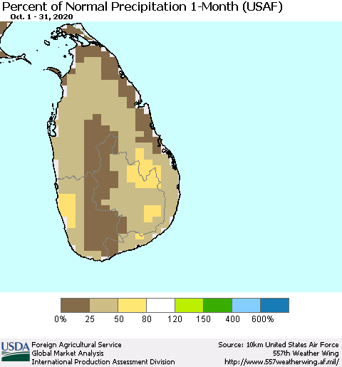 Sri Lanka Percent of Normal Precipitation 1-Month (USAF) Thematic Map For 10/1/2020 - 10/31/2020