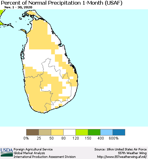 Sri Lanka Percent of Normal Precipitation 1-Month (USAF) Thematic Map For 11/1/2020 - 11/30/2020