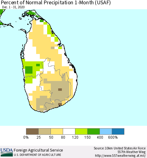 Sri Lanka Percent of Normal Precipitation 1-Month (USAF) Thematic Map For 12/1/2020 - 12/31/2020