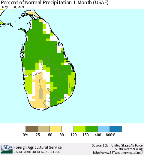 Sri Lanka Percent of Normal Precipitation 1-Month (USAF) Thematic Map For 5/1/2021 - 5/31/2021