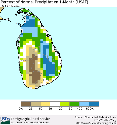 Sri Lanka Percent of Normal Precipitation 1-Month (USAF) Thematic Map For 6/1/2021 - 6/30/2021