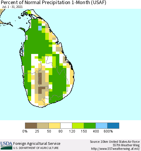 Sri Lanka Percent of Normal Precipitation 1-Month (USAF) Thematic Map For 7/1/2021 - 7/31/2021