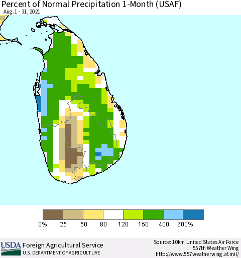 Sri Lanka Percent of Normal Precipitation 1-Month (USAF) Thematic Map For 8/1/2021 - 8/31/2021