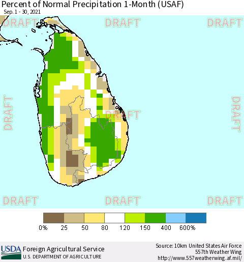 Sri Lanka Percent of Normal Precipitation 1-Month (USAF) Thematic Map For 9/1/2021 - 9/30/2021