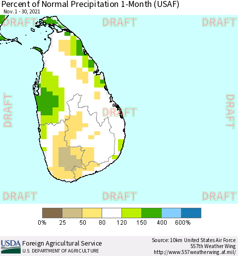 Sri Lanka Percent of Normal Precipitation 1-Month (USAF) Thematic Map For 11/1/2021 - 11/30/2021