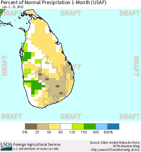 Sri Lanka Percent of Normal Precipitation 1-Month (USAF) Thematic Map For 1/1/2022 - 1/31/2022