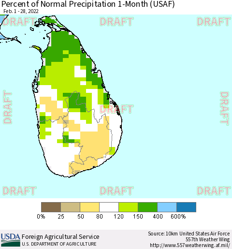 Sri Lanka Percent of Normal Precipitation 1-Month (USAF) Thematic Map For 2/1/2022 - 2/28/2022