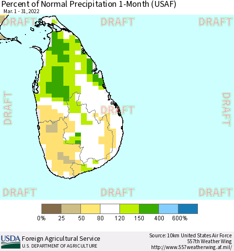 Sri Lanka Percent of Normal Precipitation 1-Month (USAF) Thematic Map For 3/1/2022 - 3/31/2022