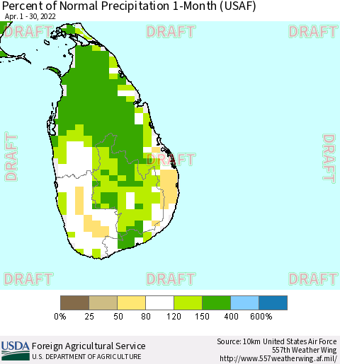 Sri Lanka Percent of Normal Precipitation 1-Month (USAF) Thematic Map For 4/1/2022 - 4/30/2022