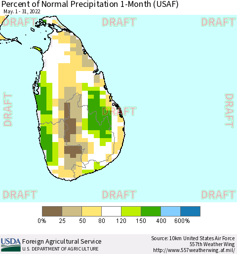 Sri Lanka Percent of Normal Precipitation 1-Month (USAF) Thematic Map For 5/1/2022 - 5/31/2022