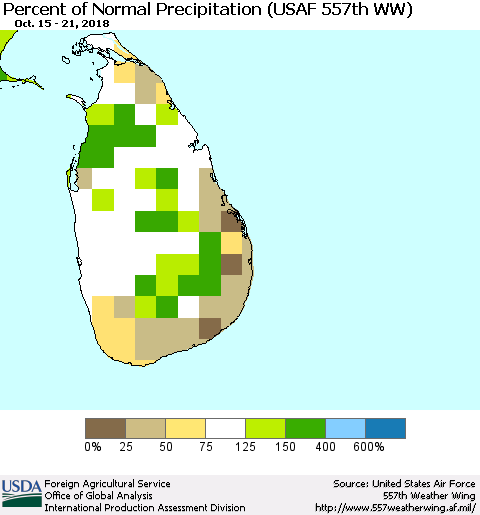 Sri Lanka Percent of Normal Precipitation (USAF 557th WW) Thematic Map For 10/15/2018 - 10/21/2018