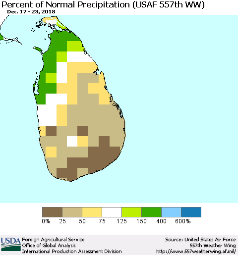 Sri Lanka Percent of Normal Precipitation (USAF 557th WW) Thematic Map For 12/17/2018 - 12/23/2018