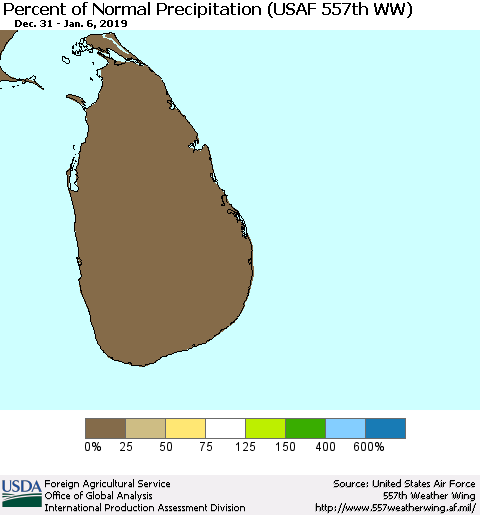 Sri Lanka Percent of Normal Precipitation (USAF 557th WW) Thematic Map For 12/31/2018 - 1/6/2019