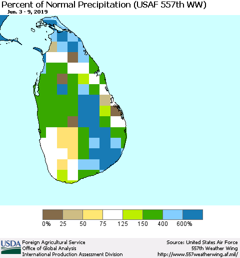 Sri Lanka Percent of Normal Precipitation (USAF 557th WW) Thematic Map For 6/3/2019 - 6/9/2019
