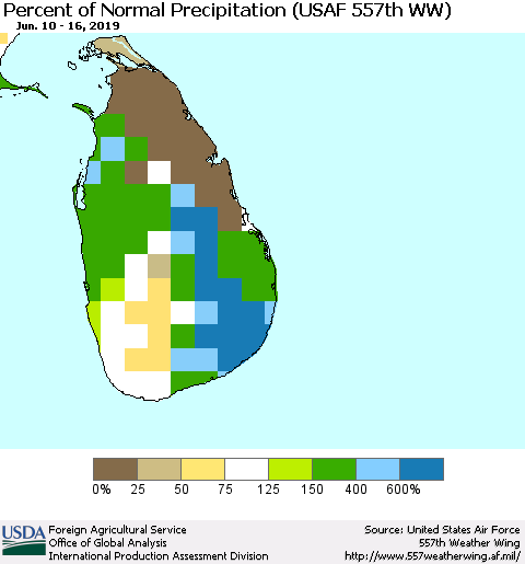 Sri Lanka Percent of Normal Precipitation (USAF 557th WW) Thematic Map For 6/10/2019 - 6/16/2019