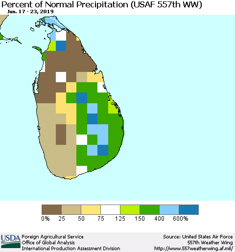 Sri Lanka Percent of Normal Precipitation (USAF 557th WW) Thematic Map For 6/17/2019 - 6/23/2019