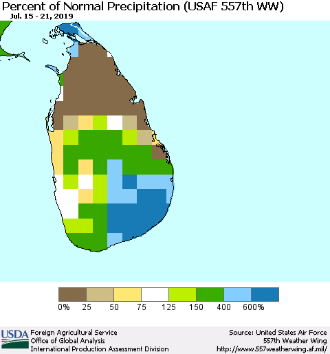 Sri Lanka Percent of Normal Precipitation (USAF 557th WW) Thematic Map For 7/15/2019 - 7/21/2019