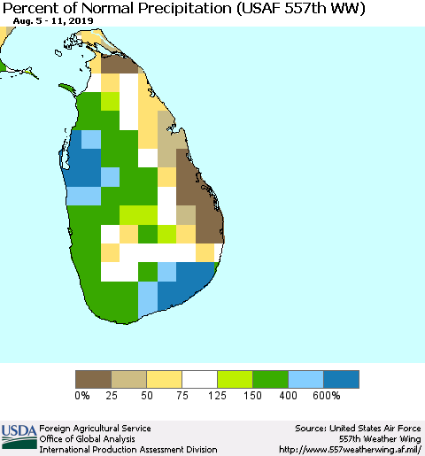 Sri Lanka Percent of Normal Precipitation (USAF 557th WW) Thematic Map For 8/5/2019 - 8/11/2019