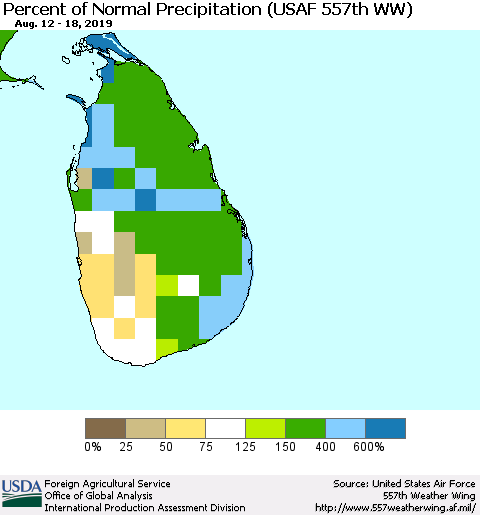 Sri Lanka Percent of Normal Precipitation (USAF 557th WW) Thematic Map For 8/12/2019 - 8/18/2019
