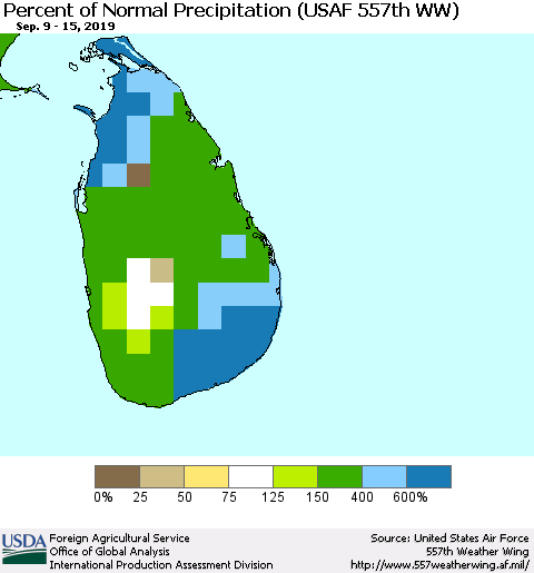 Sri Lanka Percent of Normal Precipitation (USAF 557th WW) Thematic Map For 9/9/2019 - 9/15/2019