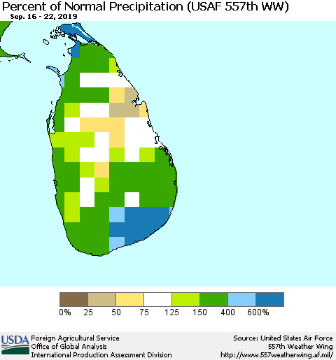 Sri Lanka Percent of Normal Precipitation (USAF 557th WW) Thematic Map For 9/16/2019 - 9/22/2019