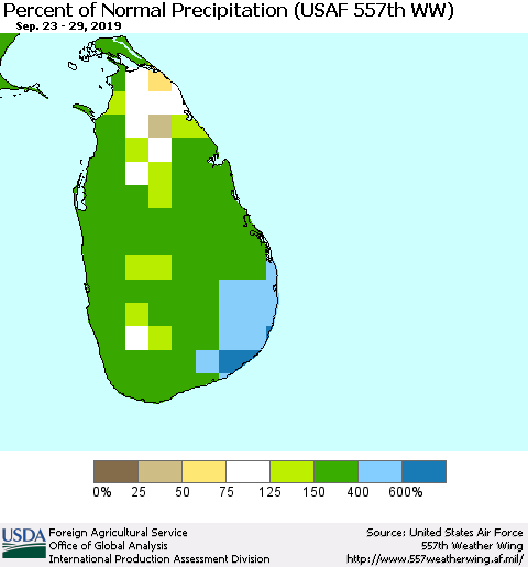 Sri Lanka Percent of Normal Precipitation (USAF 557th WW) Thematic Map For 9/23/2019 - 9/29/2019