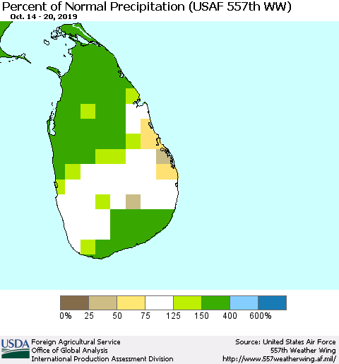Sri Lanka Percent of Normal Precipitation (USAF 557th WW) Thematic Map For 10/14/2019 - 10/20/2019
