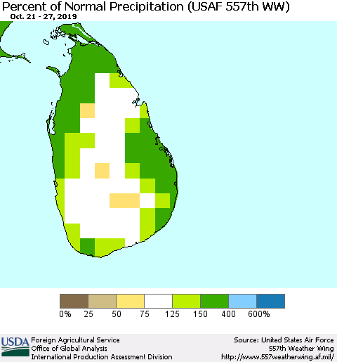 Sri Lanka Percent of Normal Precipitation (USAF 557th WW) Thematic Map For 10/21/2019 - 10/27/2019