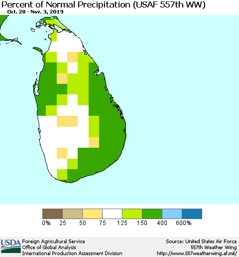 Sri Lanka Percent of Normal Precipitation (USAF 557th WW) Thematic Map For 10/28/2019 - 11/3/2019