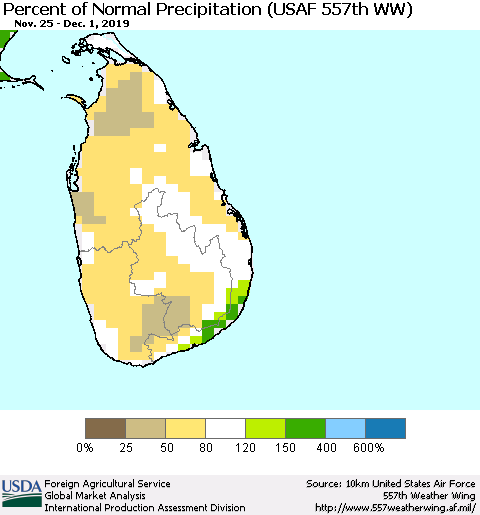 Sri Lanka Percent of Normal Precipitation (USAF 557th WW) Thematic Map For 11/25/2019 - 12/1/2019