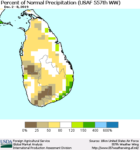 Sri Lanka Percent of Normal Precipitation (USAF 557th WW) Thematic Map For 12/2/2019 - 12/8/2019