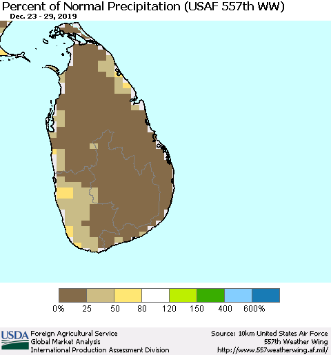 Sri Lanka Percent of Normal Precipitation (USAF 557th WW) Thematic Map For 12/23/2019 - 12/29/2019
