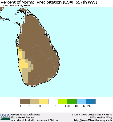 Sri Lanka Percent of Normal Precipitation (USAF 557th WW) Thematic Map For 12/30/2019 - 1/5/2020