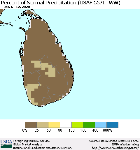 Sri Lanka Percent of Normal Precipitation (USAF 557th WW) Thematic Map For 1/6/2020 - 1/12/2020