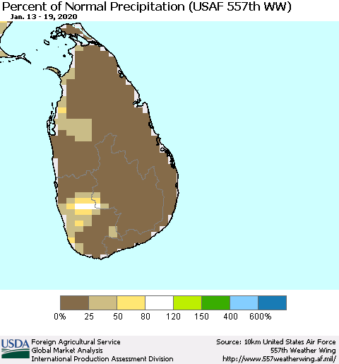 Sri Lanka Percent of Normal Precipitation (USAF 557th WW) Thematic Map For 1/13/2020 - 1/19/2020