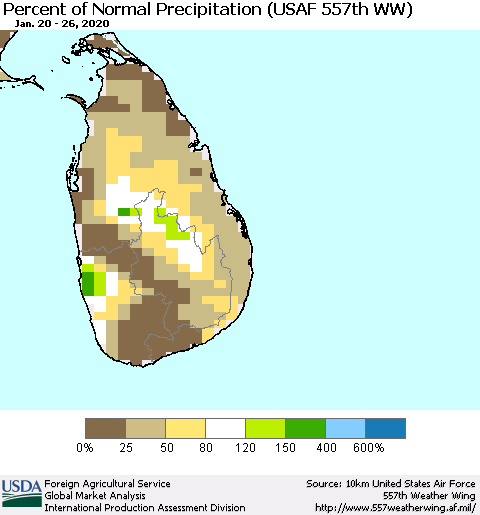 Sri Lanka Percent of Normal Precipitation (USAF 557th WW) Thematic Map For 1/20/2020 - 1/26/2020