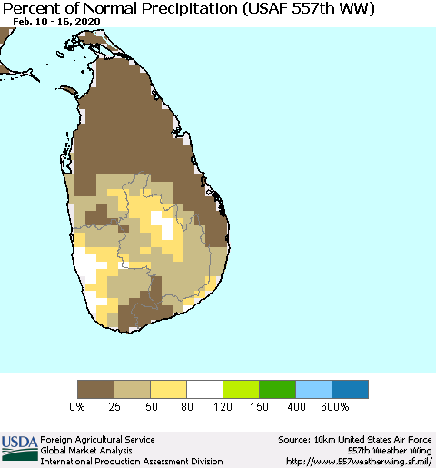 Sri Lanka Percent of Normal Precipitation (USAF 557th WW) Thematic Map For 2/10/2020 - 2/16/2020