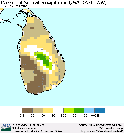Sri Lanka Percent of Normal Precipitation (USAF 557th WW) Thematic Map For 2/17/2020 - 2/23/2020