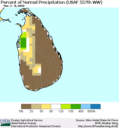 Sri Lanka Percent of Normal Precipitation (USAF 557th WW) Thematic Map For 3/2/2020 - 3/8/2020