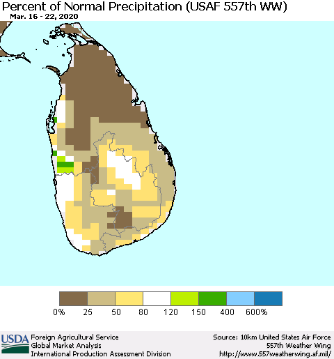 Sri Lanka Percent of Normal Precipitation (USAF 557th WW) Thematic Map For 3/16/2020 - 3/22/2020
